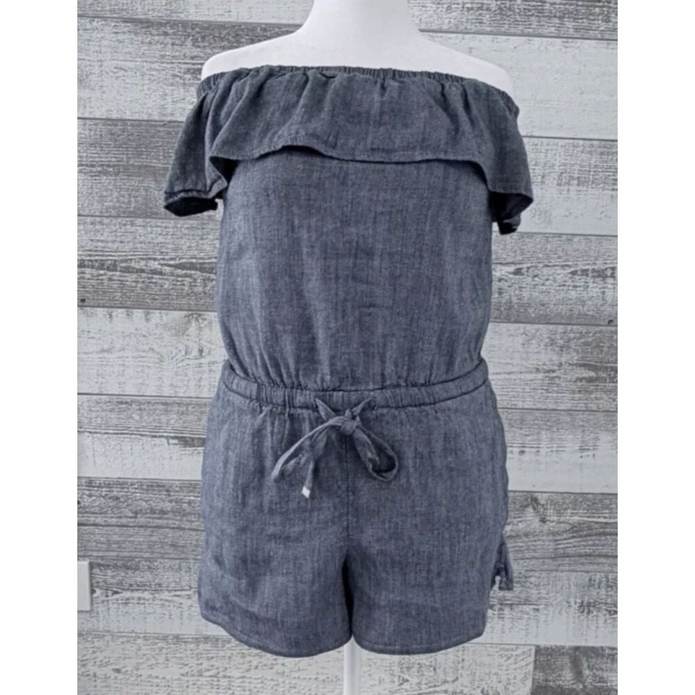 Ann Taylor Loft Off The Shoulder Romper Womens M Chambray Linen Blend Drawstring